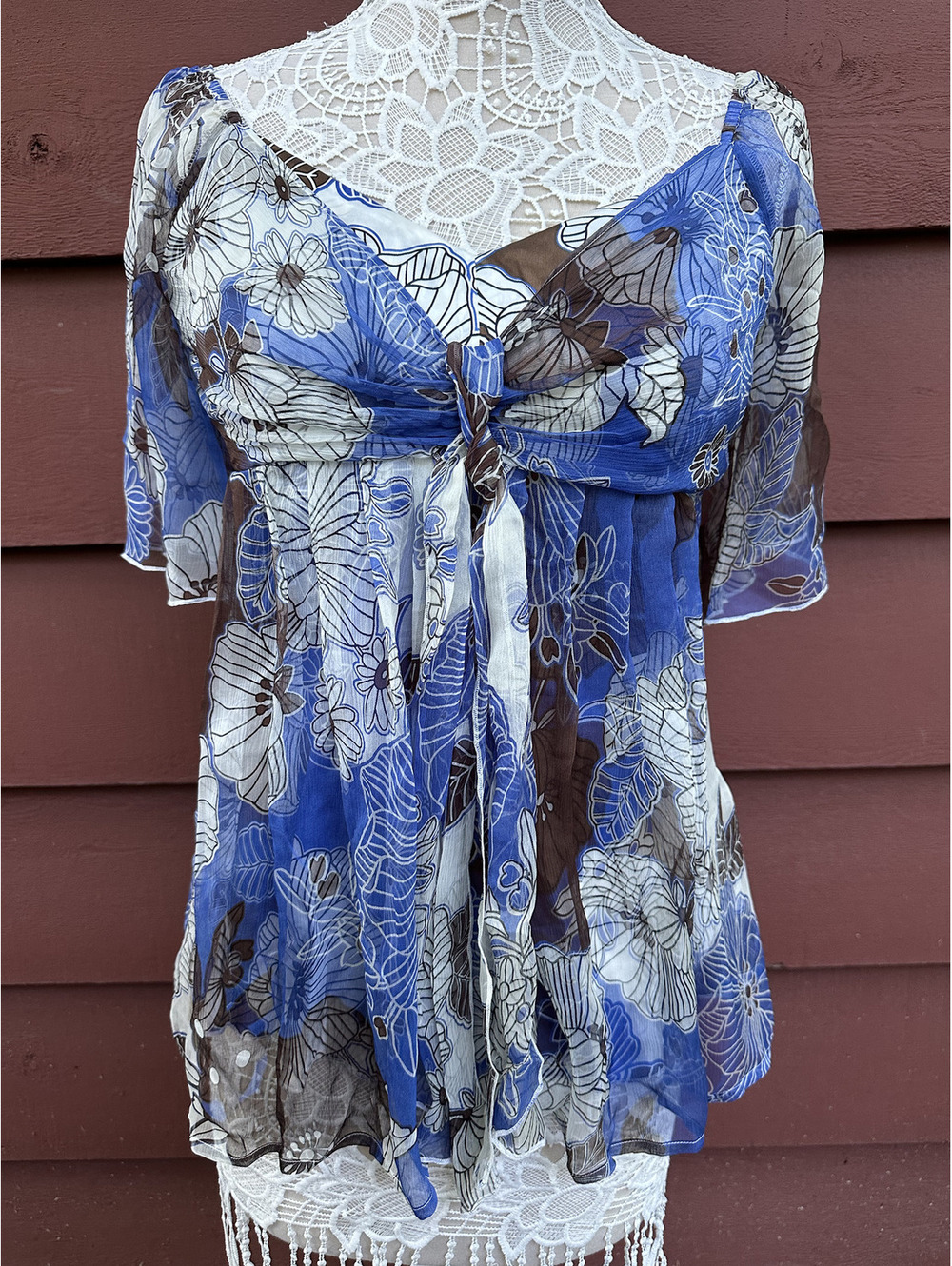 Karen Kane Floral‎ Silk Tie Front Top Size Large